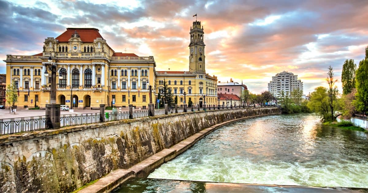 Oradea city hall seen at dawn in Romania