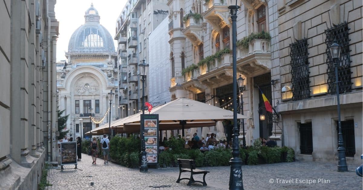 outdoor terrace of a restaurant in bucharest old town