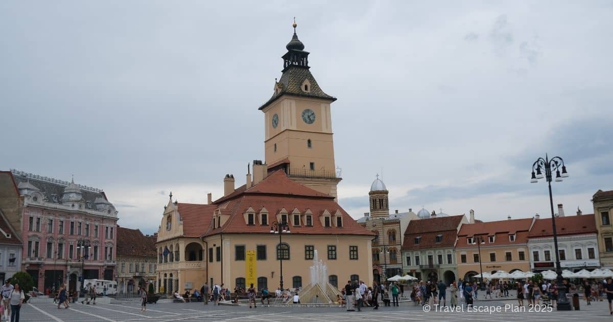 clock tower in Brasov main square, meeting point for free walking tour