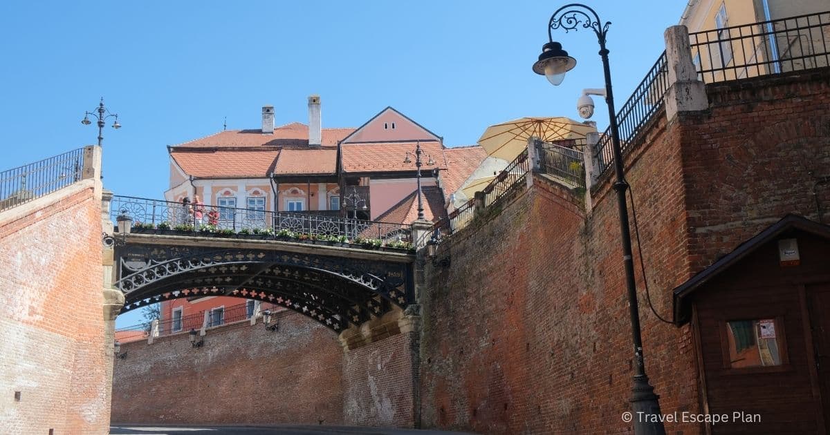 view of the Bridge of Lies from Lower Town, Sibiu, Romania