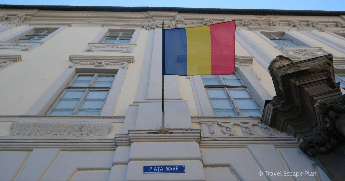 the Romanian Flag on the  Brukenthal Museum in Piate Mare, Sibiu, Romania