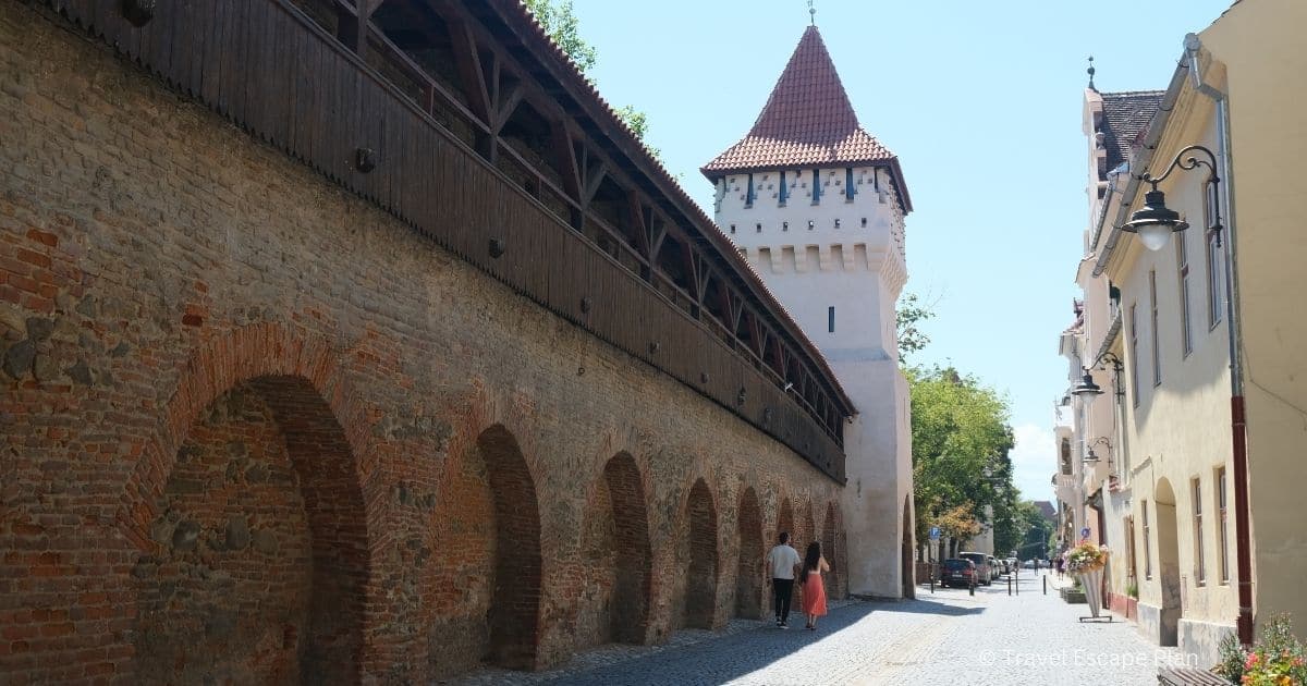 medieval tower and fortress wall on Citadel Street, Sibiu, Romania
