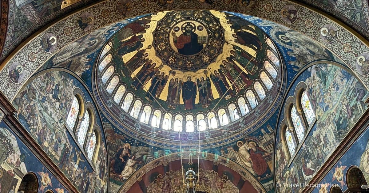 beautiful murals cover the interior dome of the Holy Trinity Orthodox Church in Sibiu, Romania