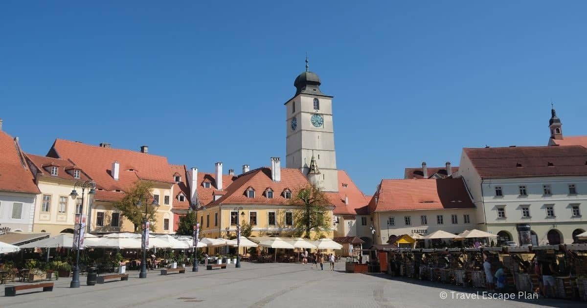 The Council Tower and restaurant terraces in Pica Mica, Sibiu