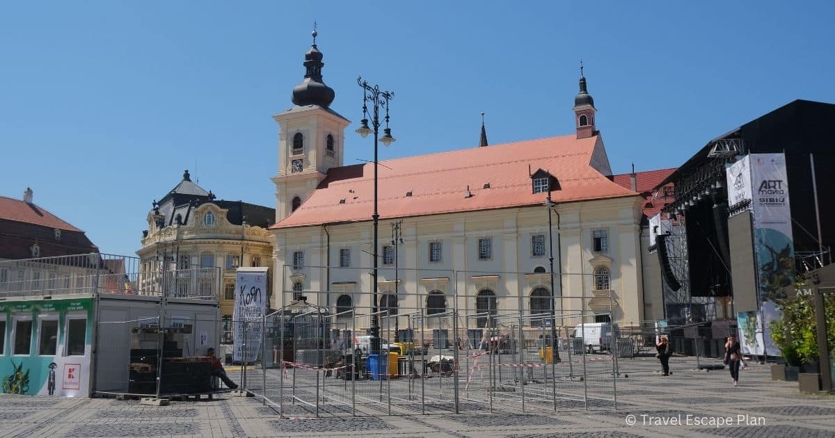 Barricades for a music festival in front of City Hall in Piata Mare, Sibiu