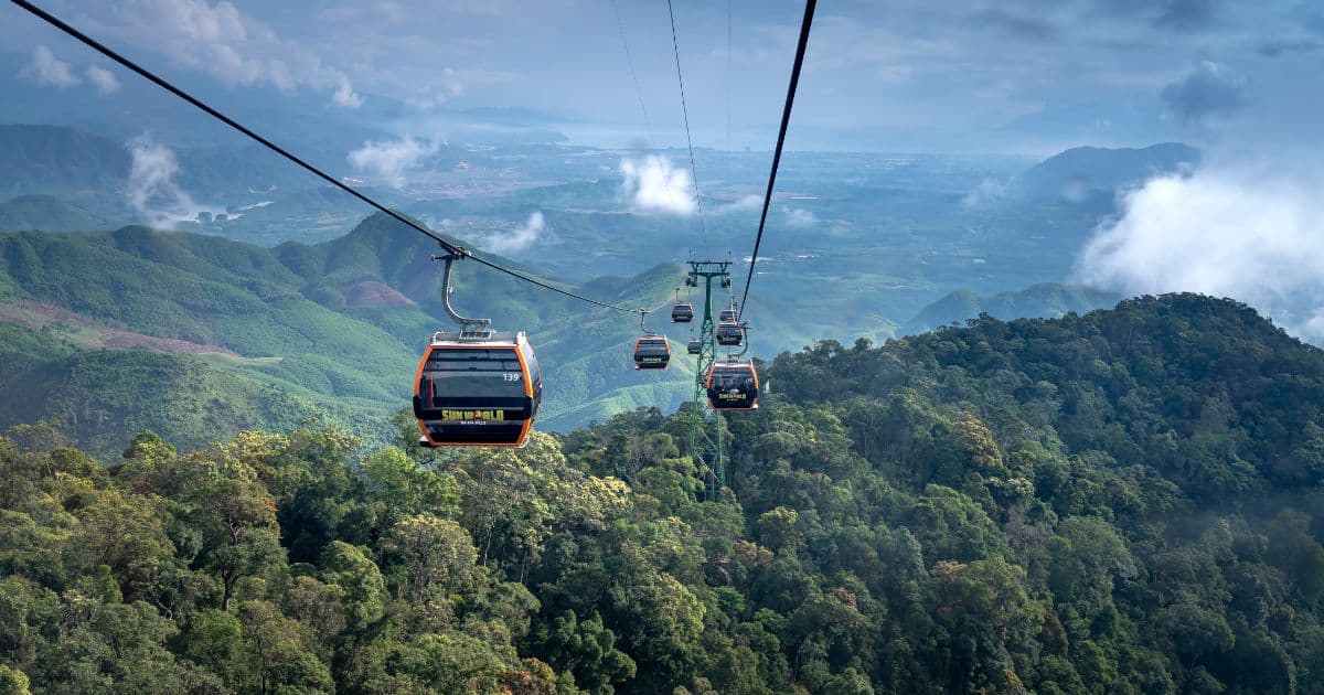 several cable cars moving along a rope above a forest