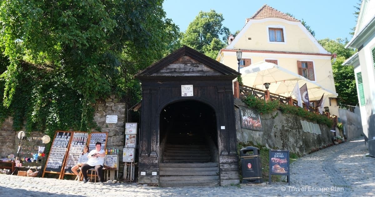 entrance to the wooden Scholars Stairs in Sighisoara, Romania