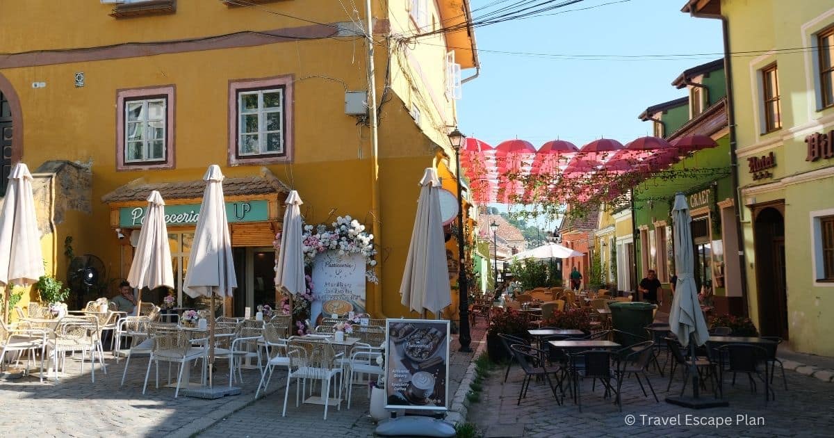 Umbrella Street and surrounding cafes in Sighisoara's Lower Town