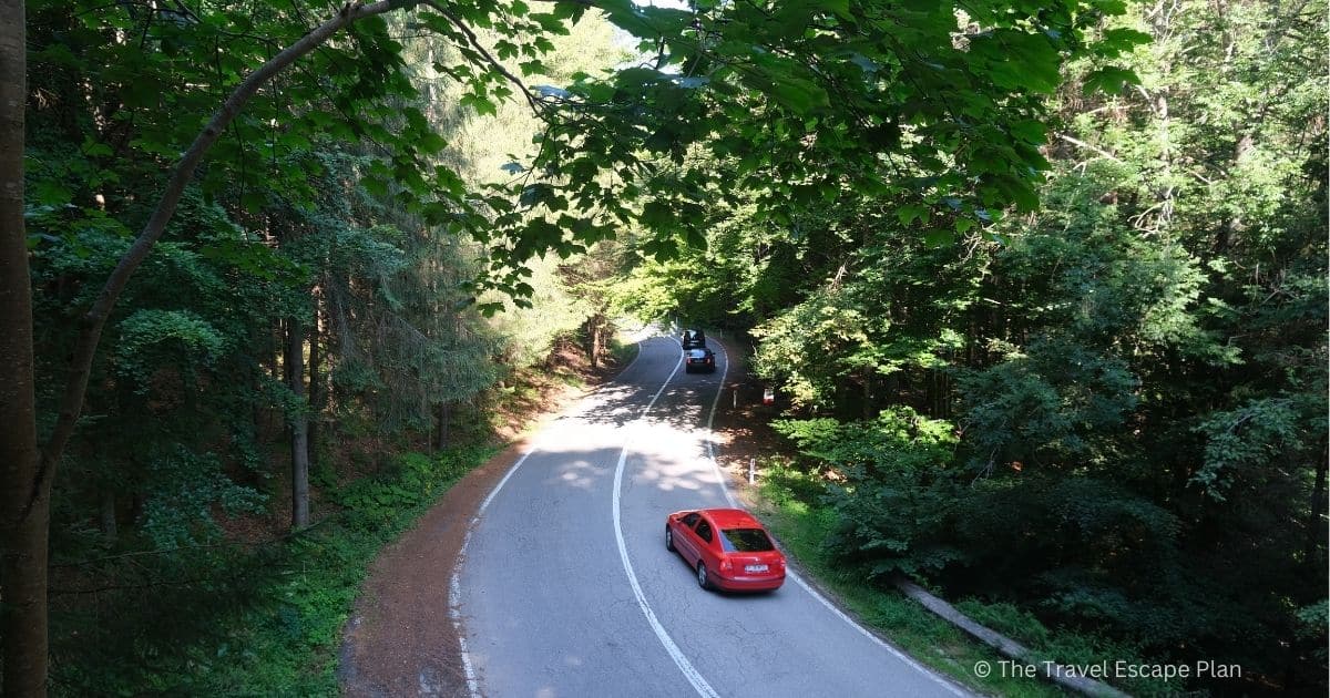 red car driving on a highway through a forest in Romania