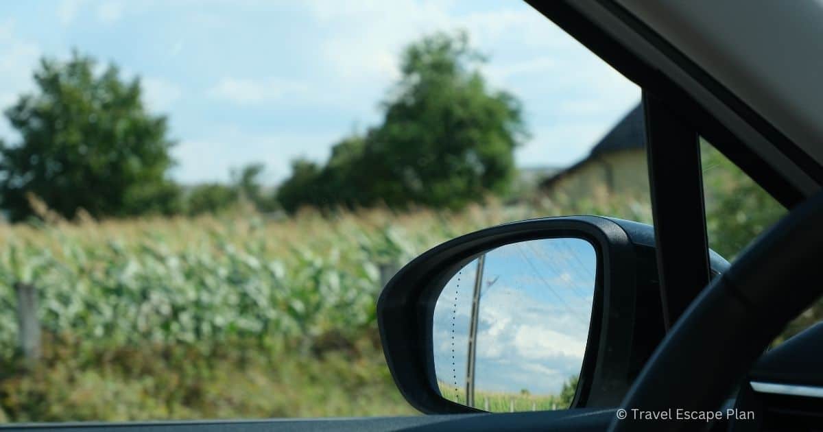 side car mirror from the front passenger seat window, driving past a field of corn