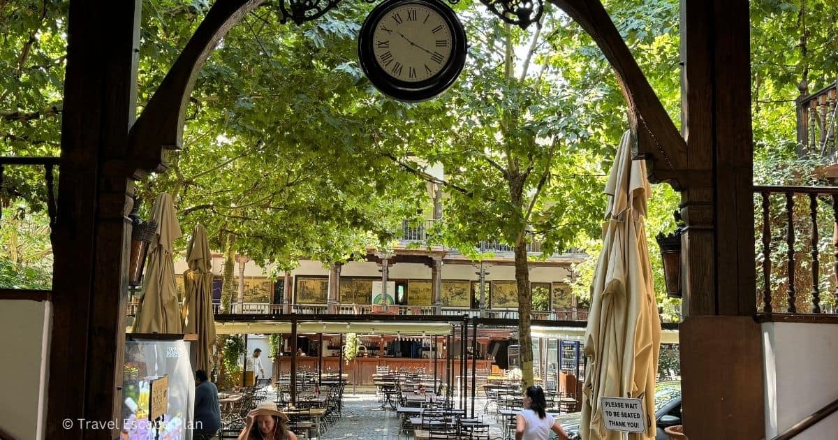outdoor beer garden of Hanu' Lui Manu restaurant in Old Town Bucharest