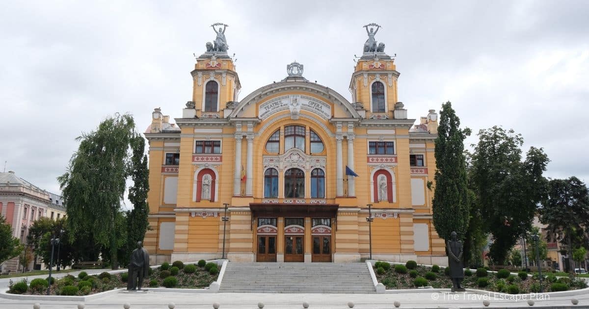 elegant yellow National Opera House building in Cluj-Napoca, Romania
