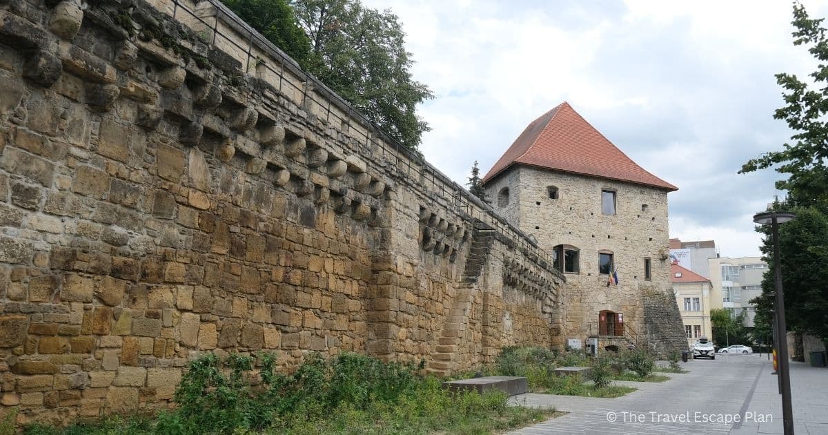 remnants of the medieval city wall and tower in Old Town Cluj, Romania
