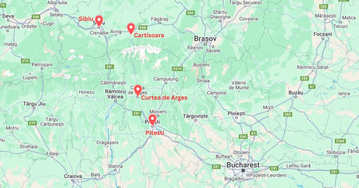 map highlighting the starting points for the Transfagarasan Highway: Sibiu or Cartisoara in the north or Pitesti or Curtea de Arges in the South